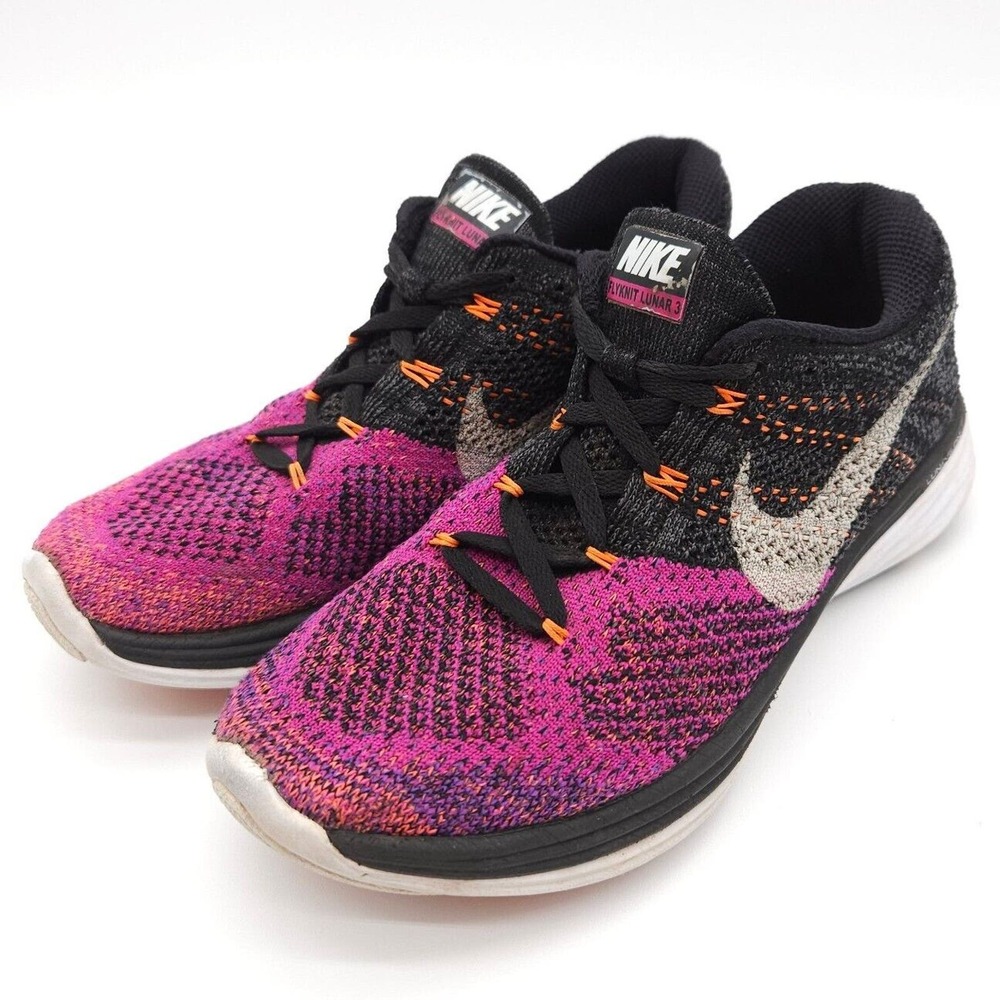 Nike Flyknit Lunar 3 Womens Size 6.5 Black Purple Lace Up Running Shoes Lunarlon